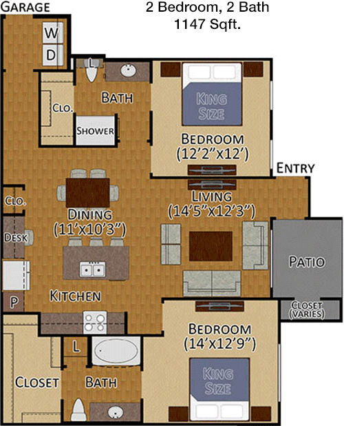 1,147 sq ft floorplan layout