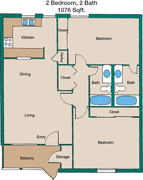 1,076 sq ft floorplan layout