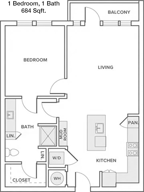 684 sq ft floorplan layout