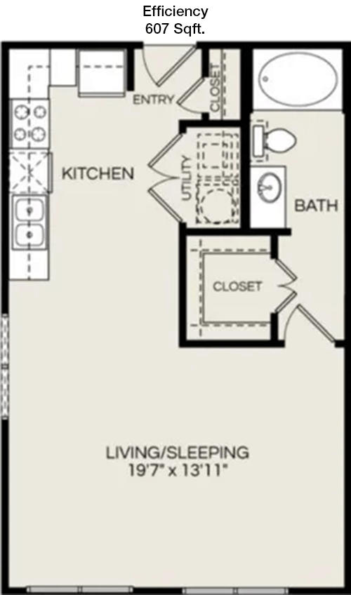 607 sq ft floorplan layout