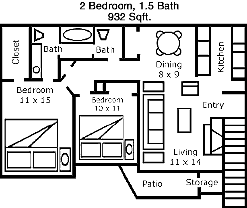 932 sq ft floorplan layout