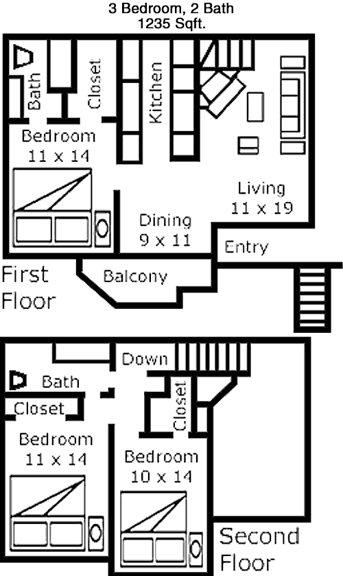 1,235 sq ft floorplan layout