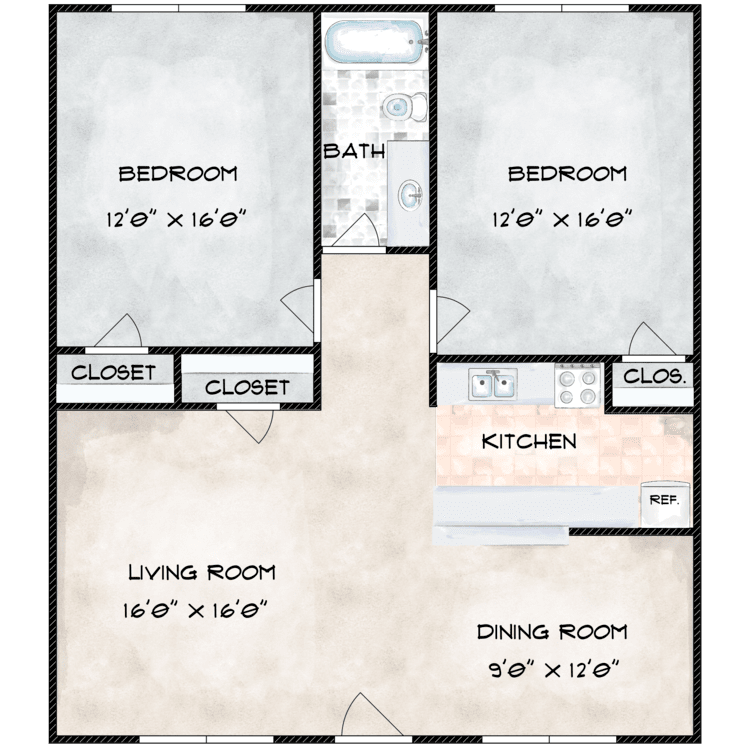 2 Bed 1 Bath floorplan layout