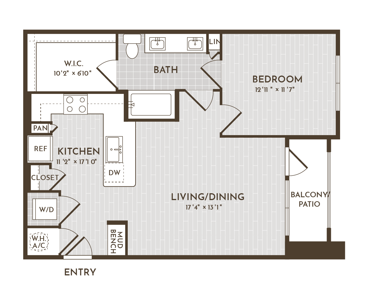 1BR 1BA (767 SF) floorplan layout