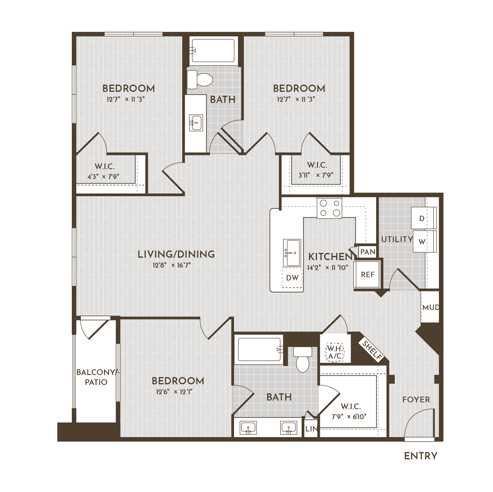 3BR 2BA (1388 SF) floorplan layout