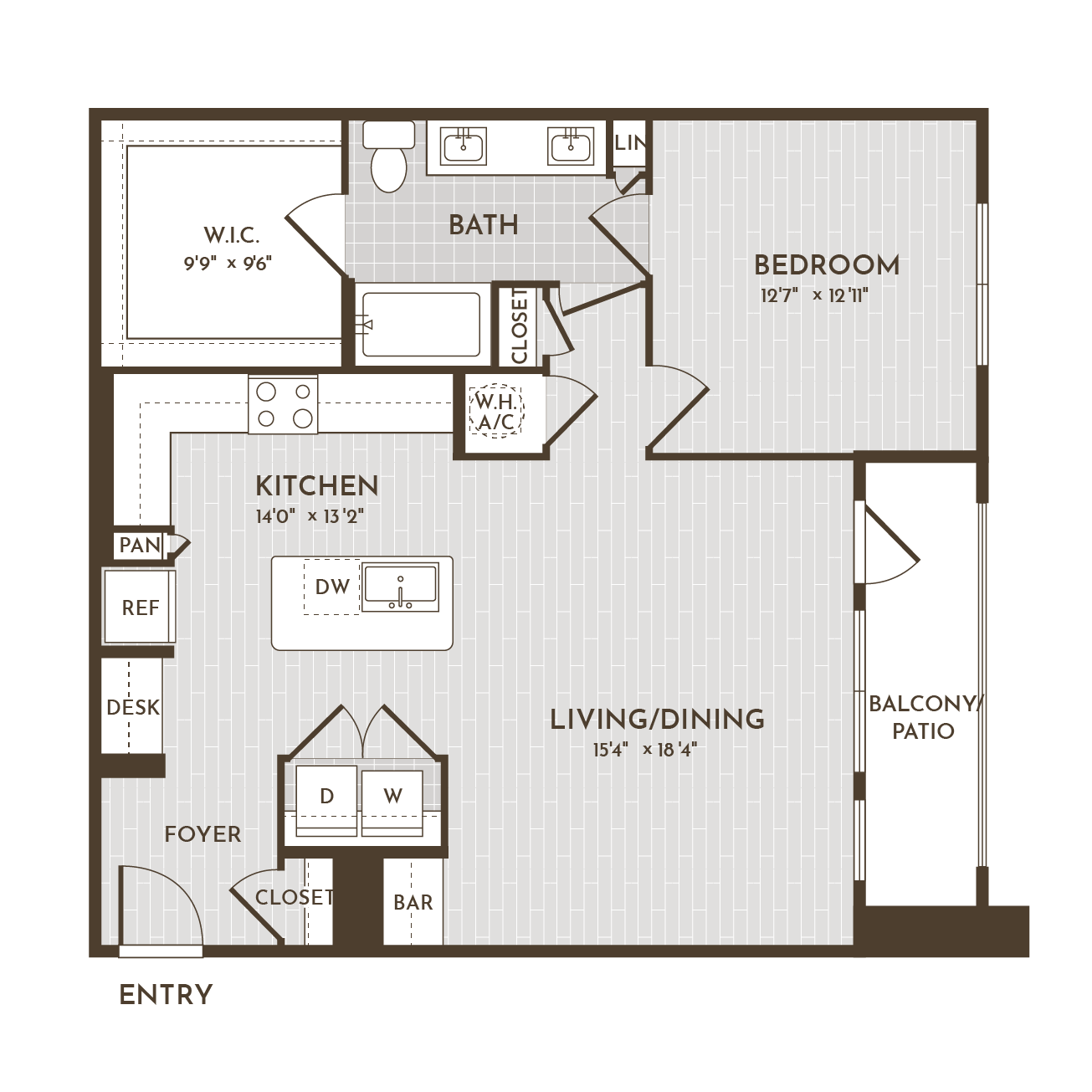 1BR 1BA (949 SF) floorplan layout