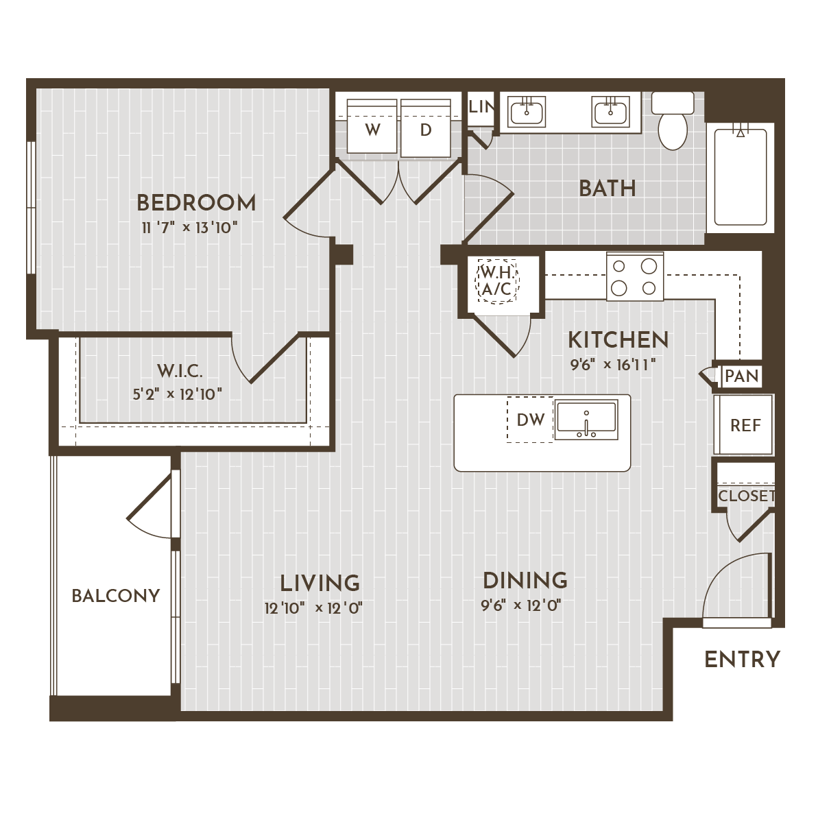 1BR 1BA (874 SF) floorplan layout