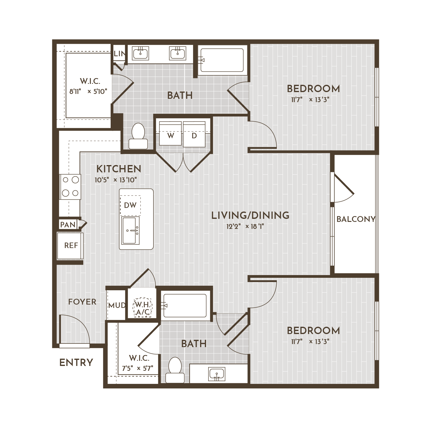 2BR 2BA (1091 SF) floorplan layout