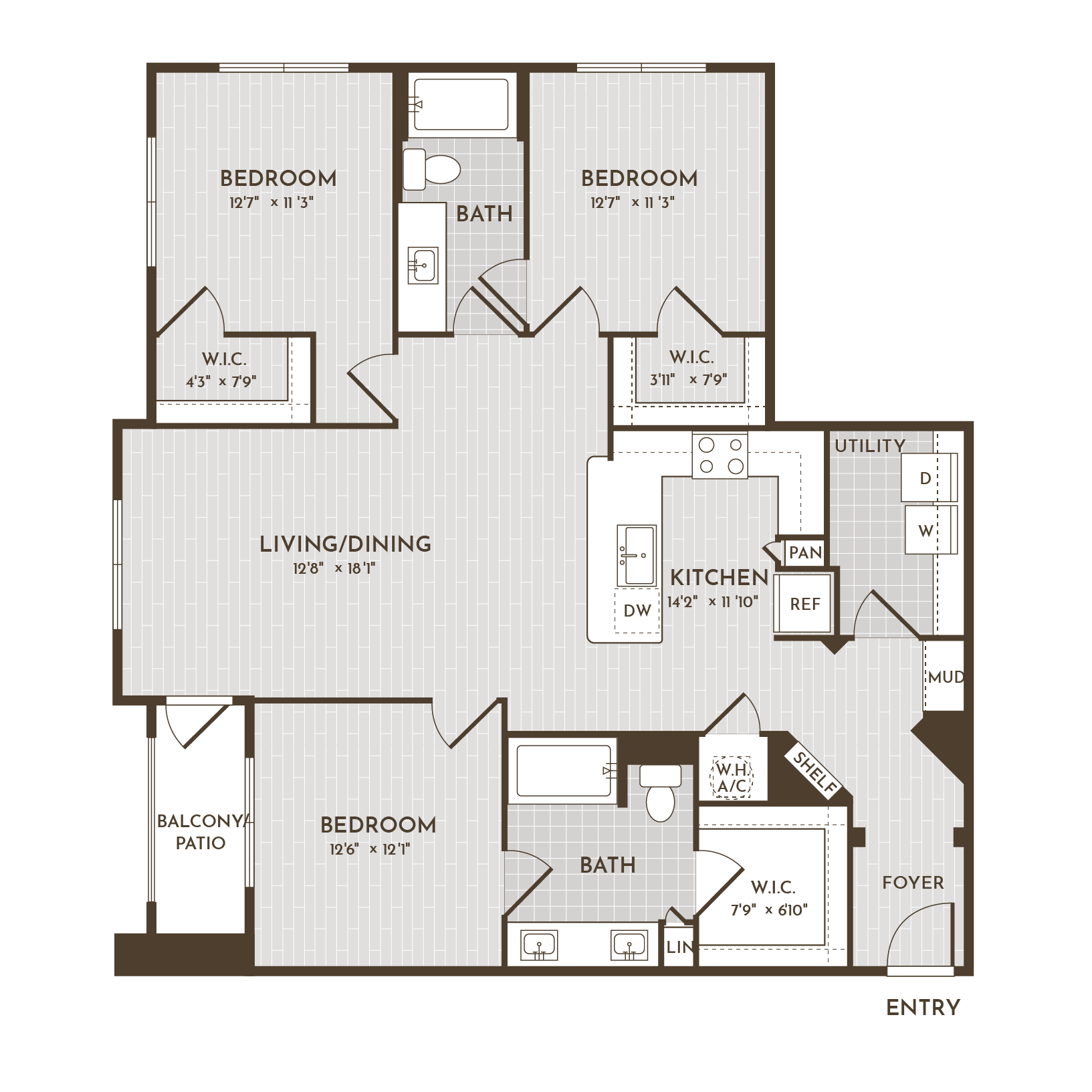3BR 2BA (1408 SF) floorplan layout