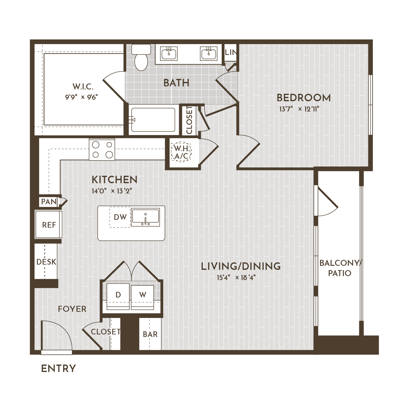 1BR 1BA (961 SF) floorplan layout