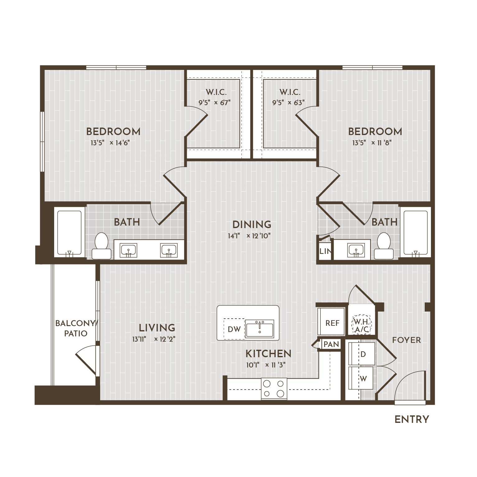 2BR 2BA (1227 SF) floorplan layout