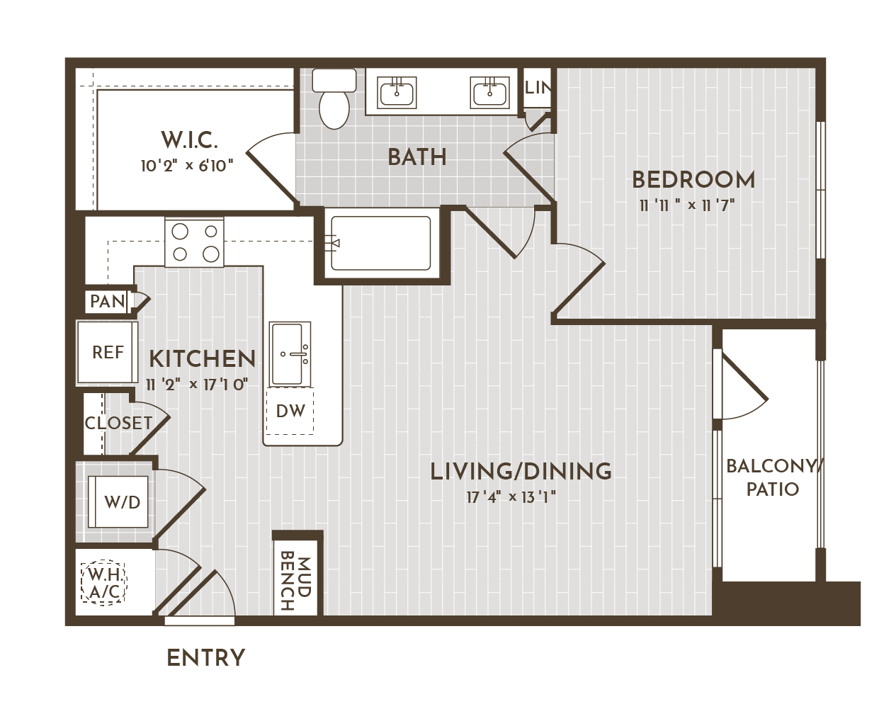 1BR 1BA (755 SF) floorplan layout