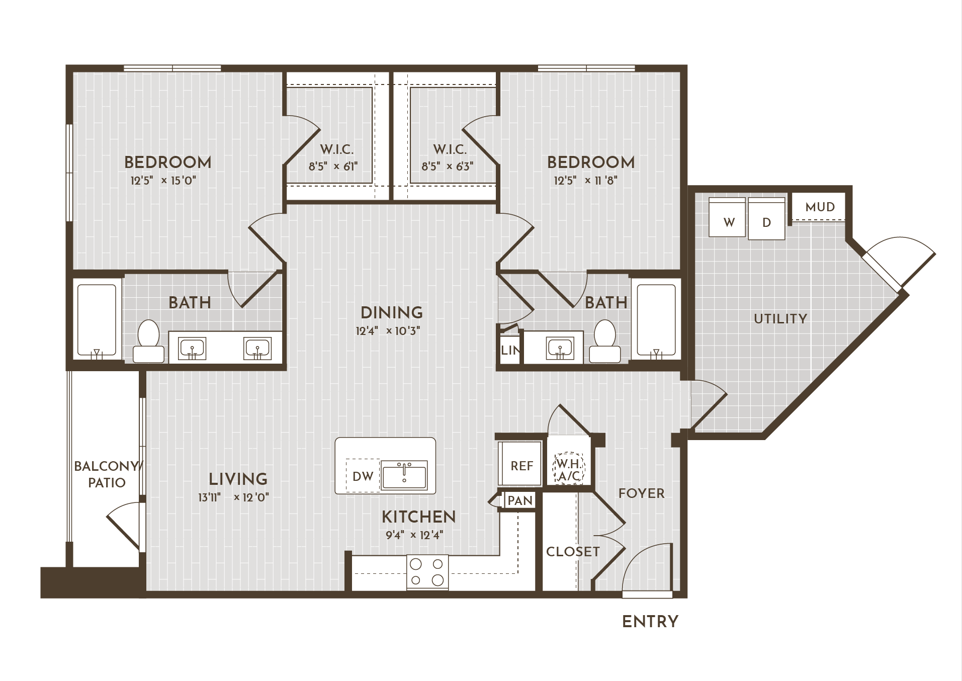 2BR 2BA (1322 SF) floorplan layout
