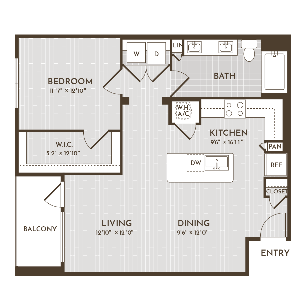 1BR 1BA (862 SF) floorplan layout