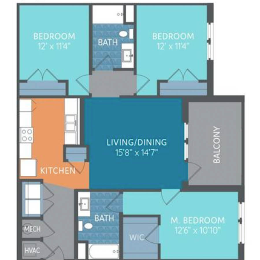 C1 1243sf 3/2 floorplan layout