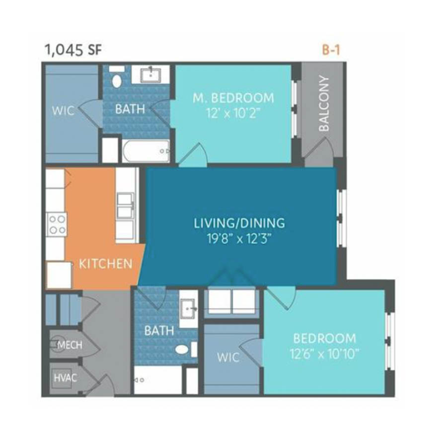 B1 1045sf 2/2 floorplan layout