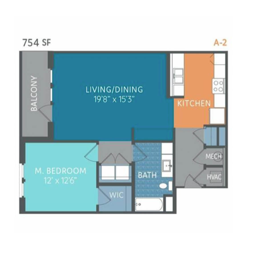 A2 754sf 1/1 floorplan layout
