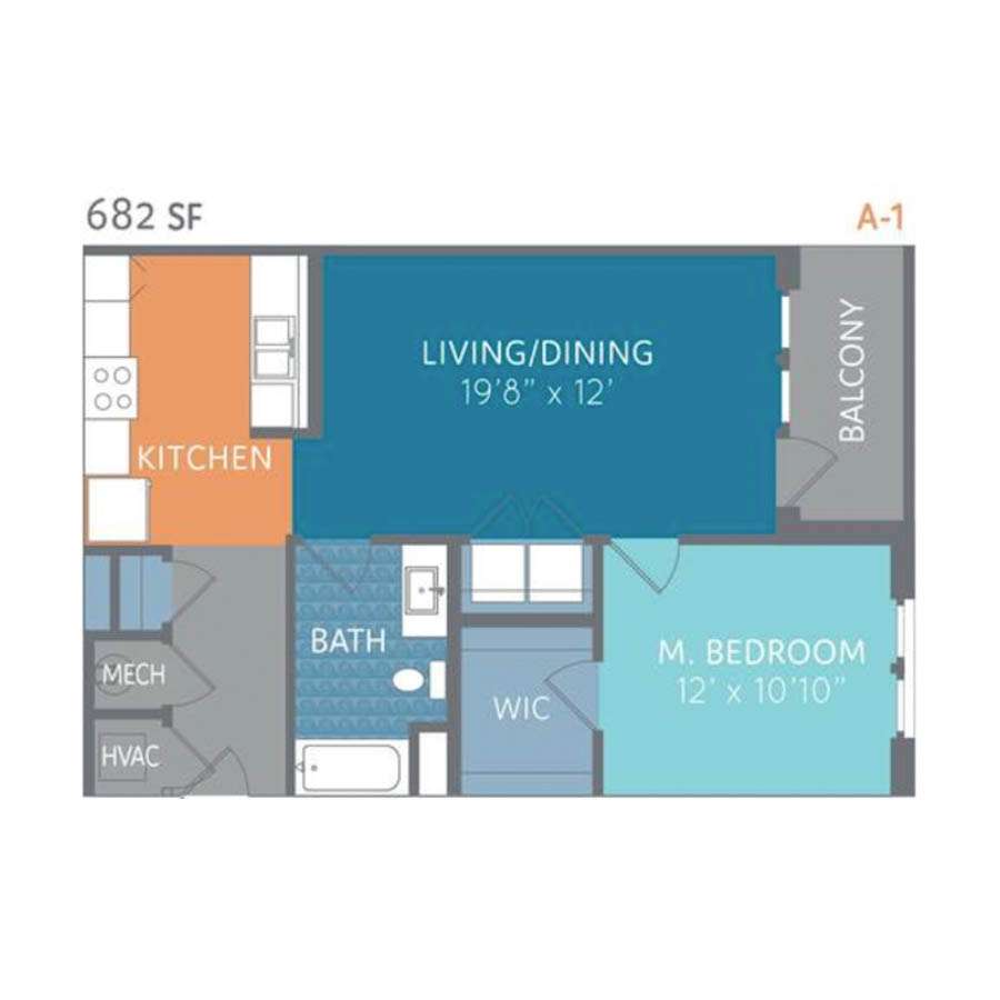 A1 682sf 1/1 floorplan layout