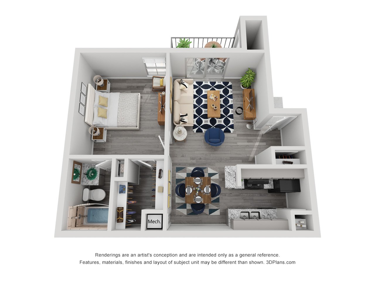 1x1B Renovated 625 sq ft floorplan layout