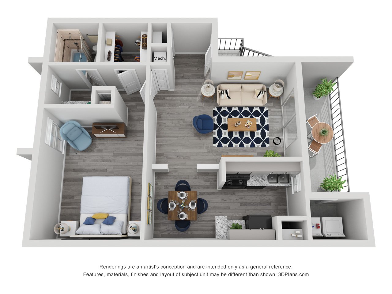 1x1C Renovated 745 sq ft floorplan layout