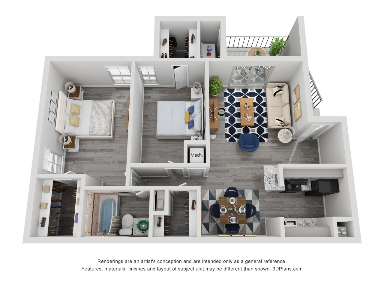 2x1B Renovated 875 sq ft floorplan layout