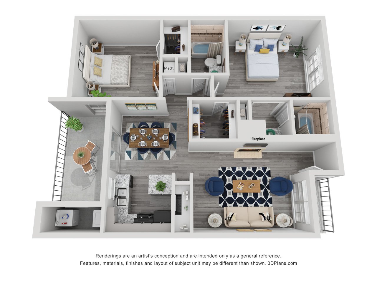 2x2B Renovated 1005 sq ft floorplan layout