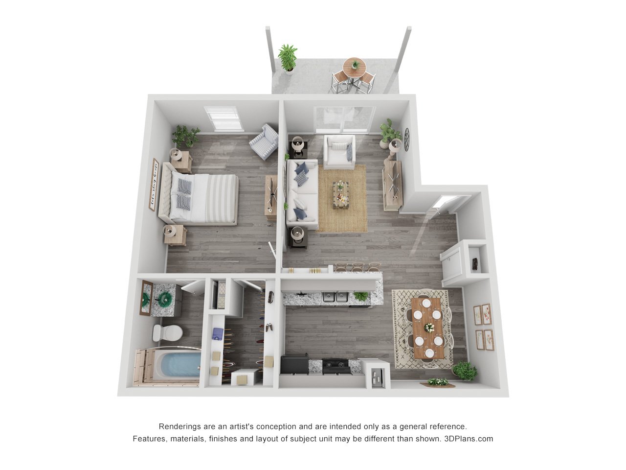 1x1B Renovated 635 sq ft floorplan layout