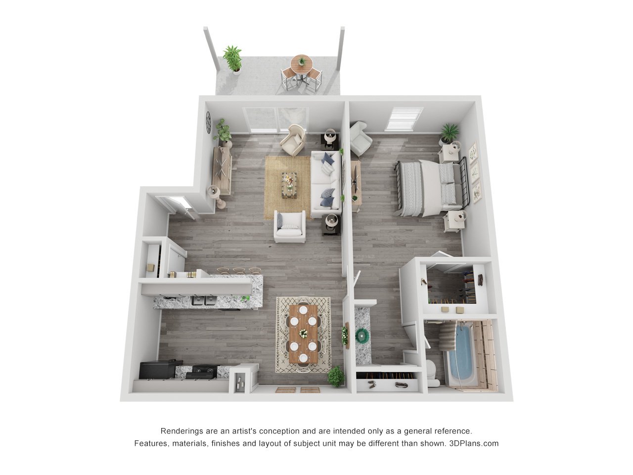 1x1C Renovated 670 sq ft floorplan layout