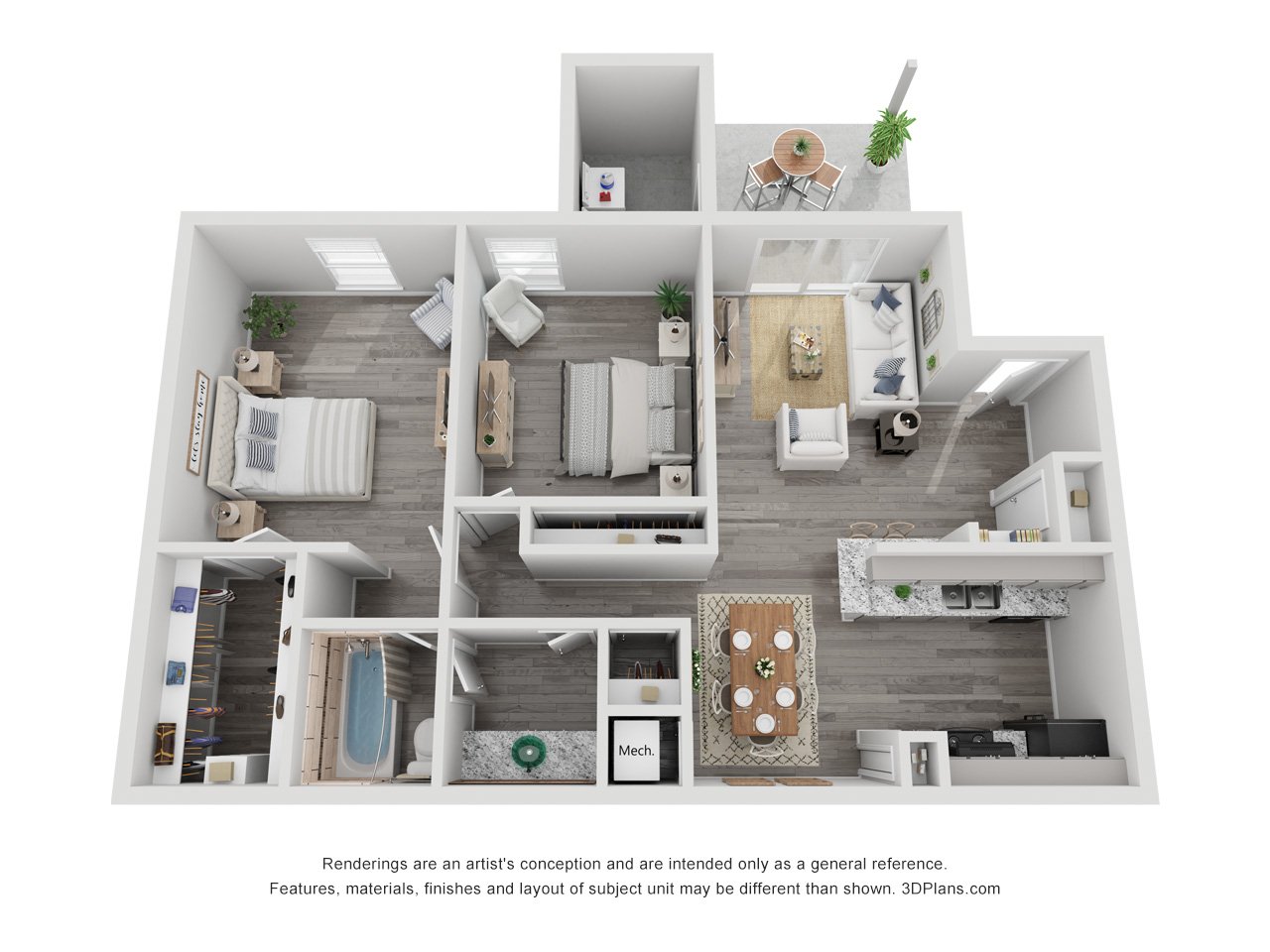 2x1B Renovated 875 sq ft floorplan layout