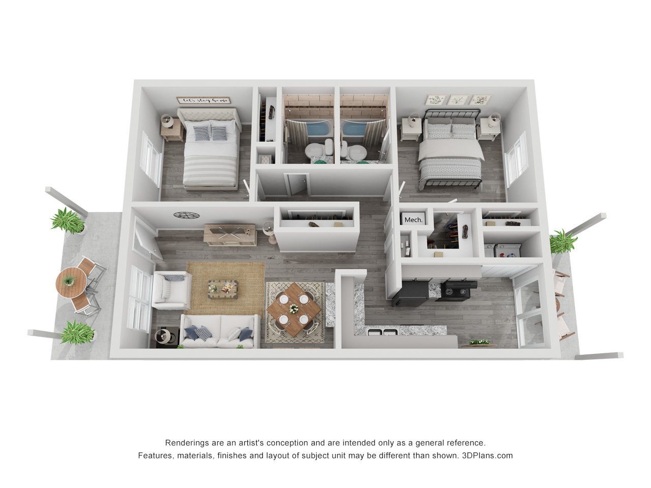2x2B Renovated 1005 sq ft floorplan layout
