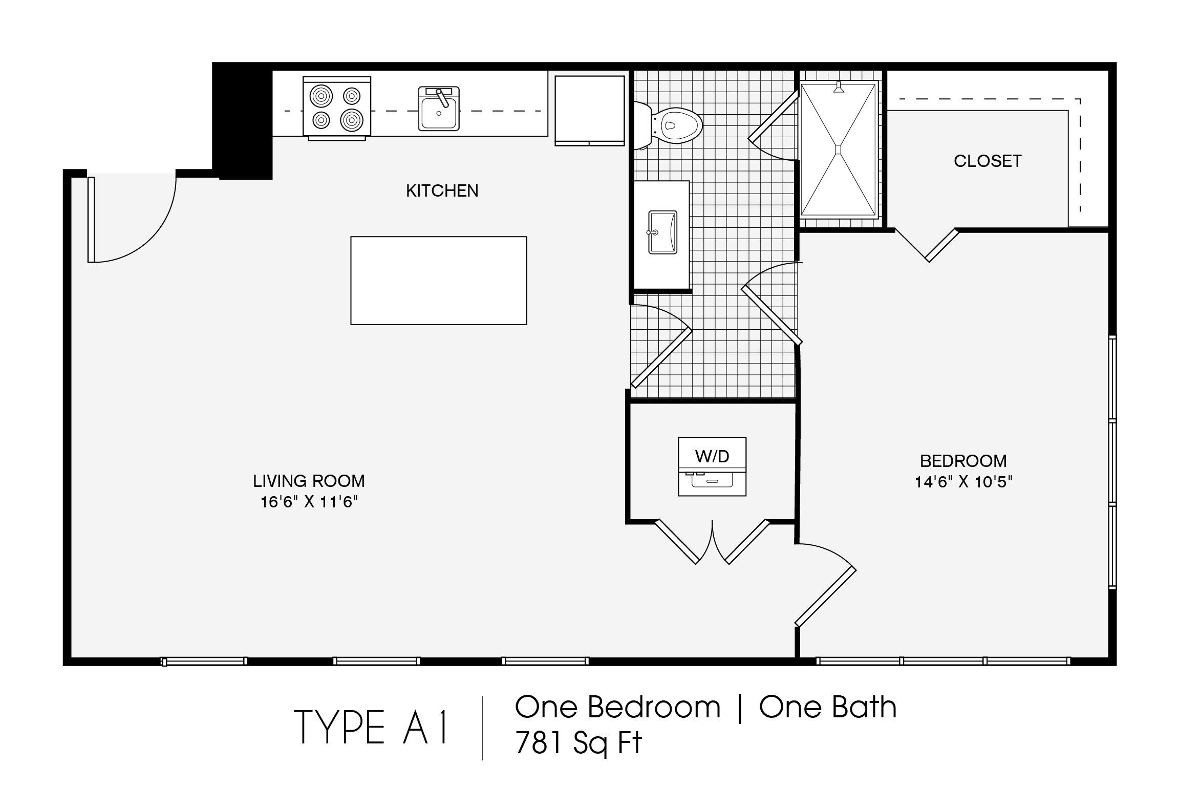 1 Bedroom, 1 Bathroom floorplan layout