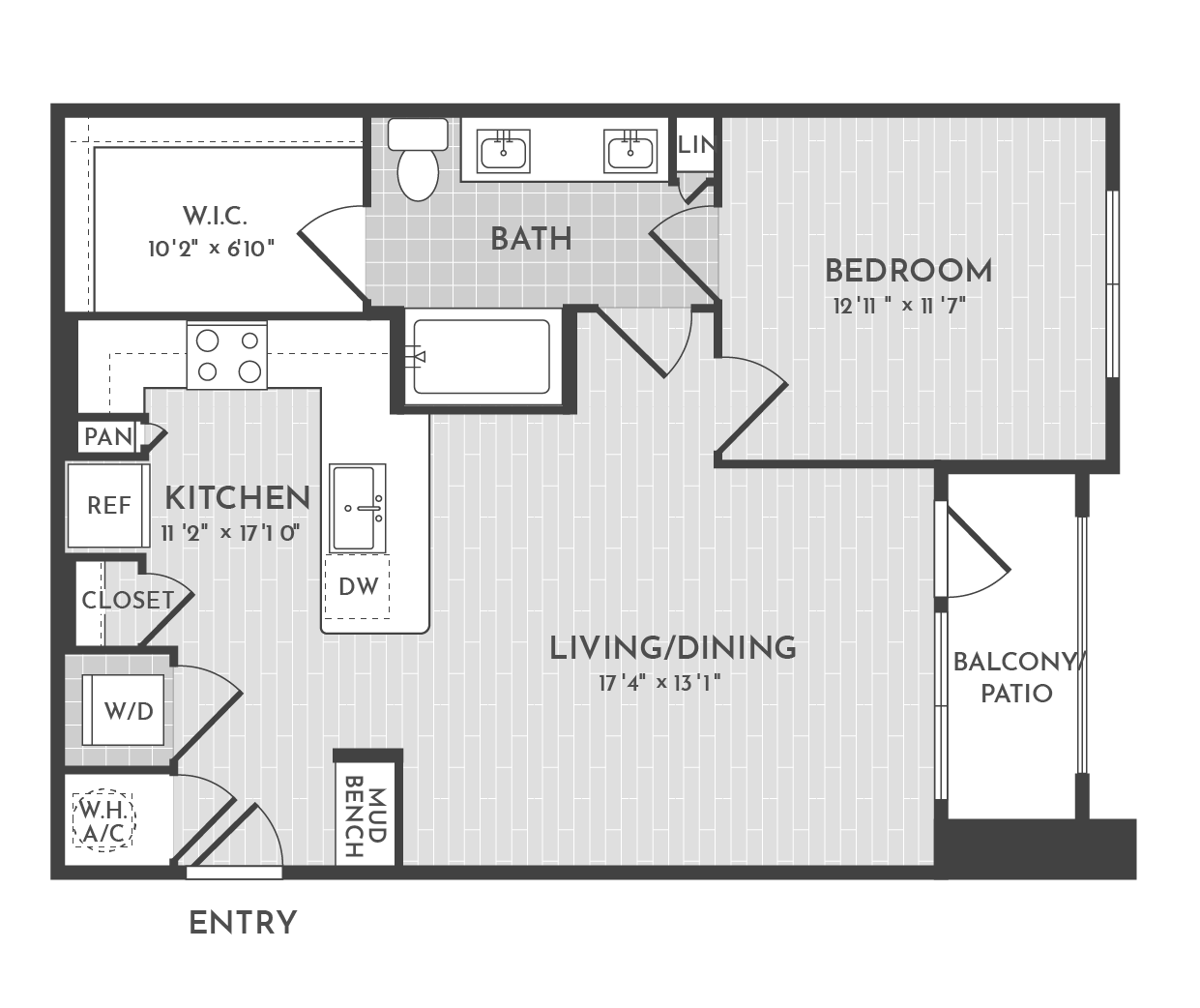 1BR 1BA (767 SF) floorplan layout