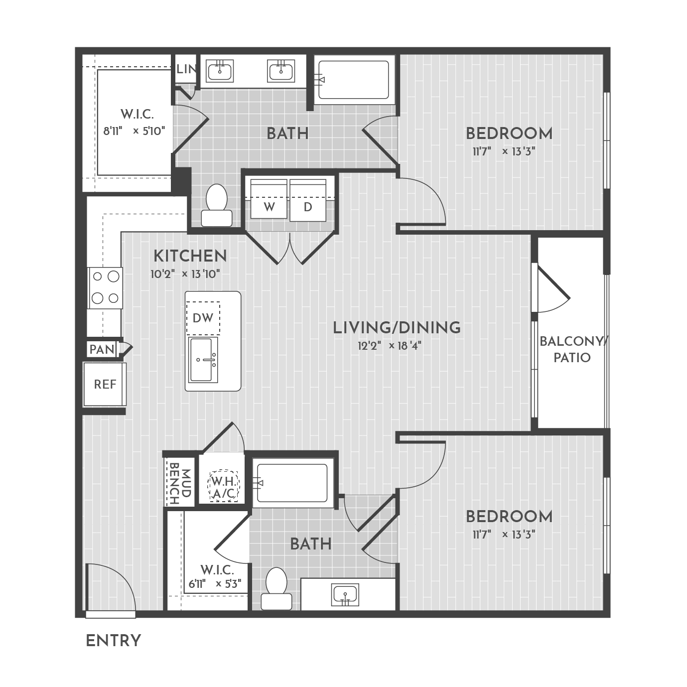 2BR 2BA (1111 SF) floorplan layout