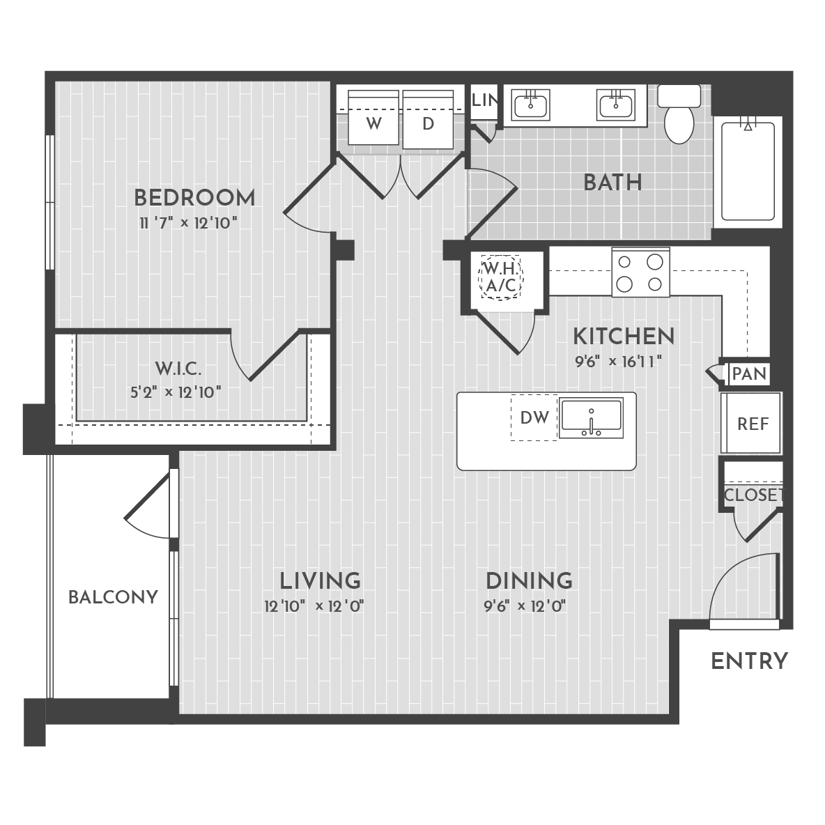 1BR 1BA (A6 - 862 SF) floorplan layout