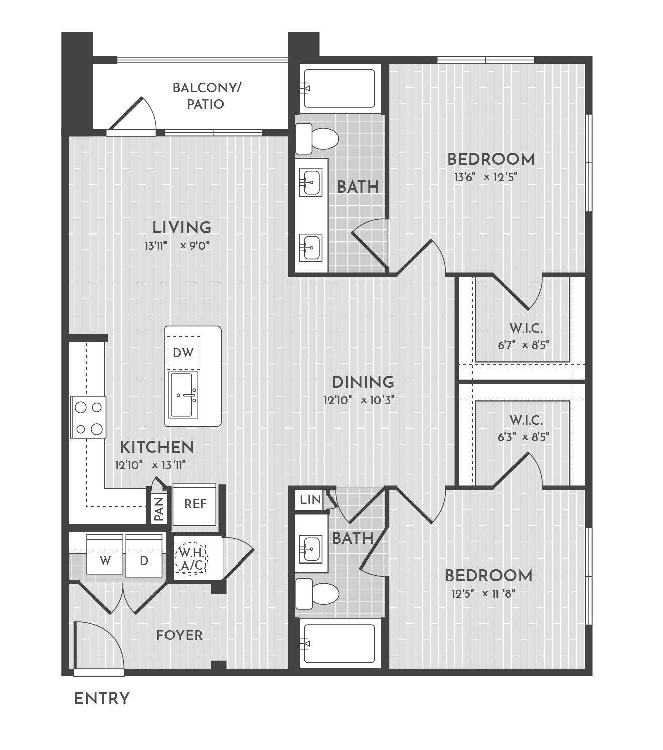 2BR 2BA (1176 SF) floorplan layout