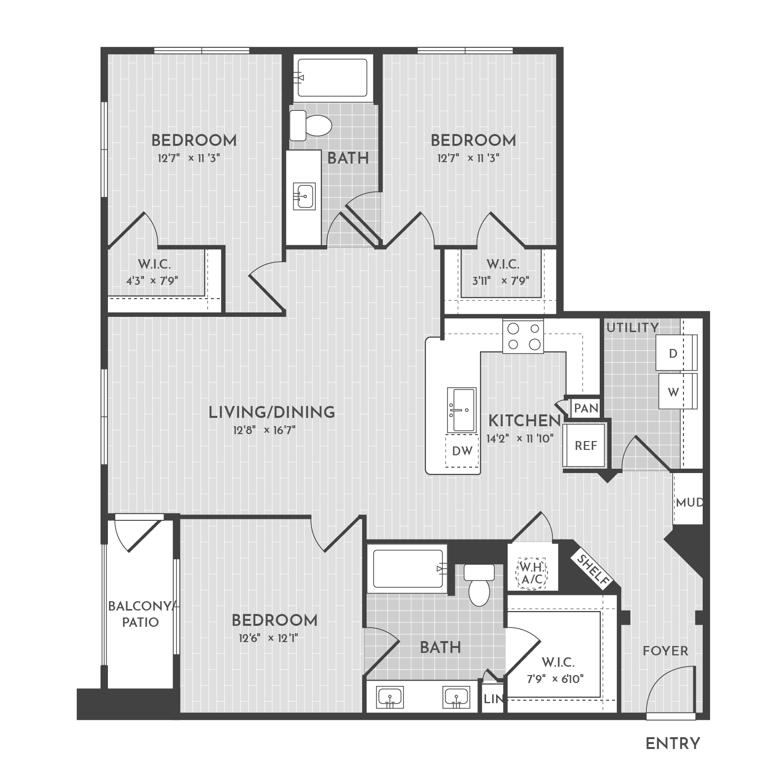 3BR 2BA (1388 SF) floorplan layout