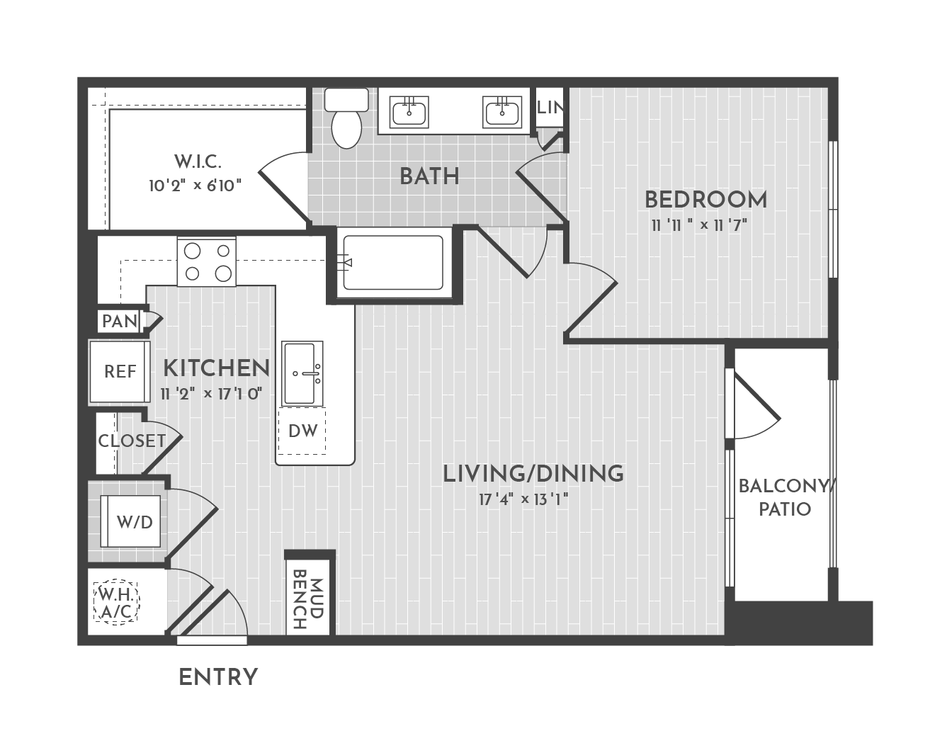 1BR 1BA (755 SF) floorplan layout