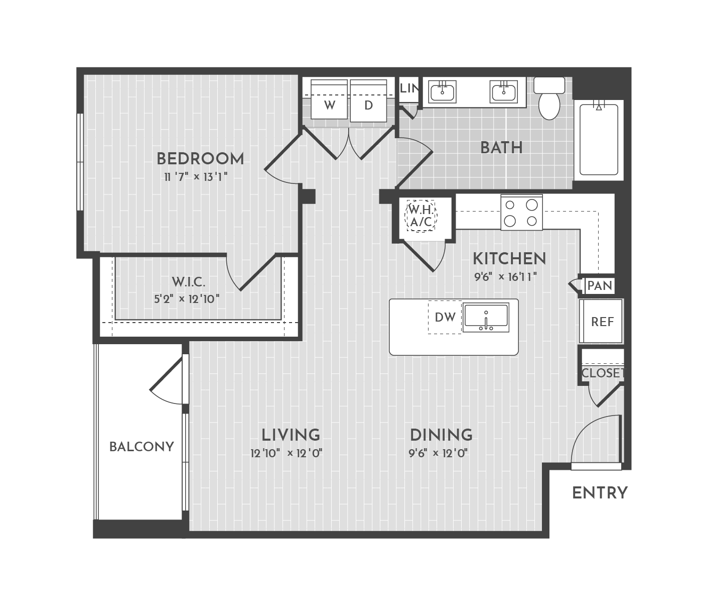 1BR 1BA (874 SF) floorplan layout