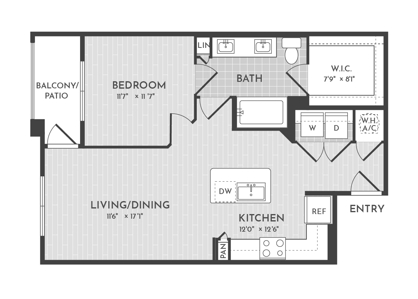 1BR 1BA (719 SF) floorplan layout