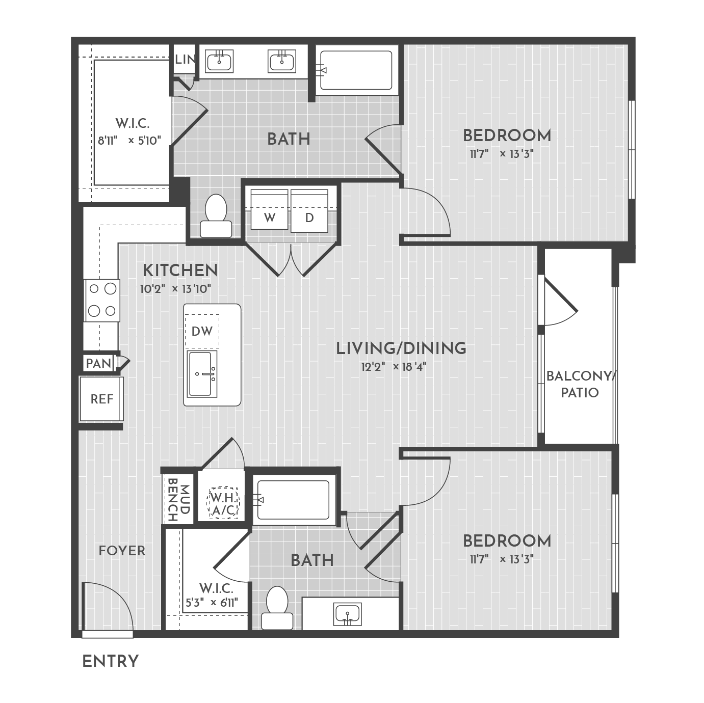 2BR 2BA (1157 SF) floorplan layout