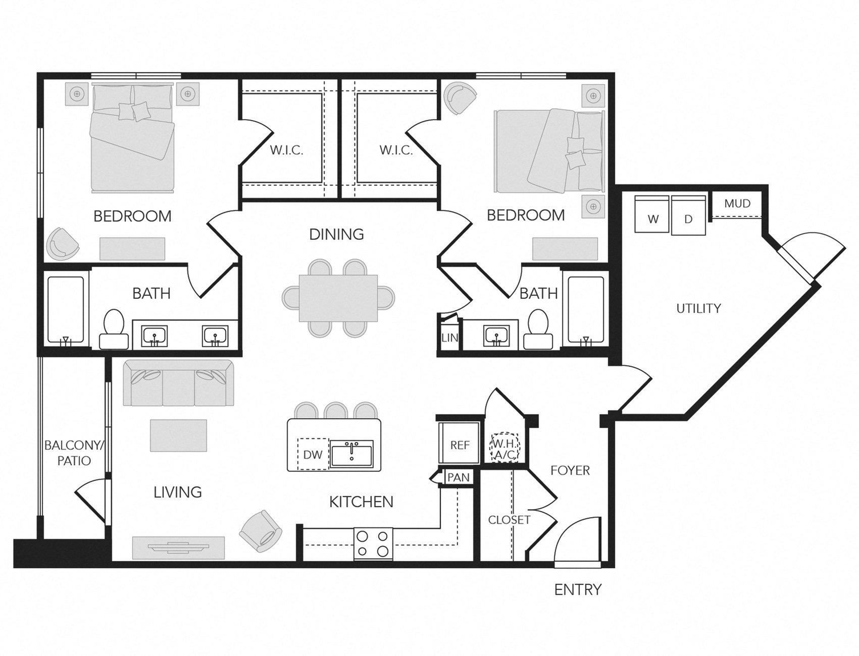 2BR 2BA (1325 SF) floorplan layout