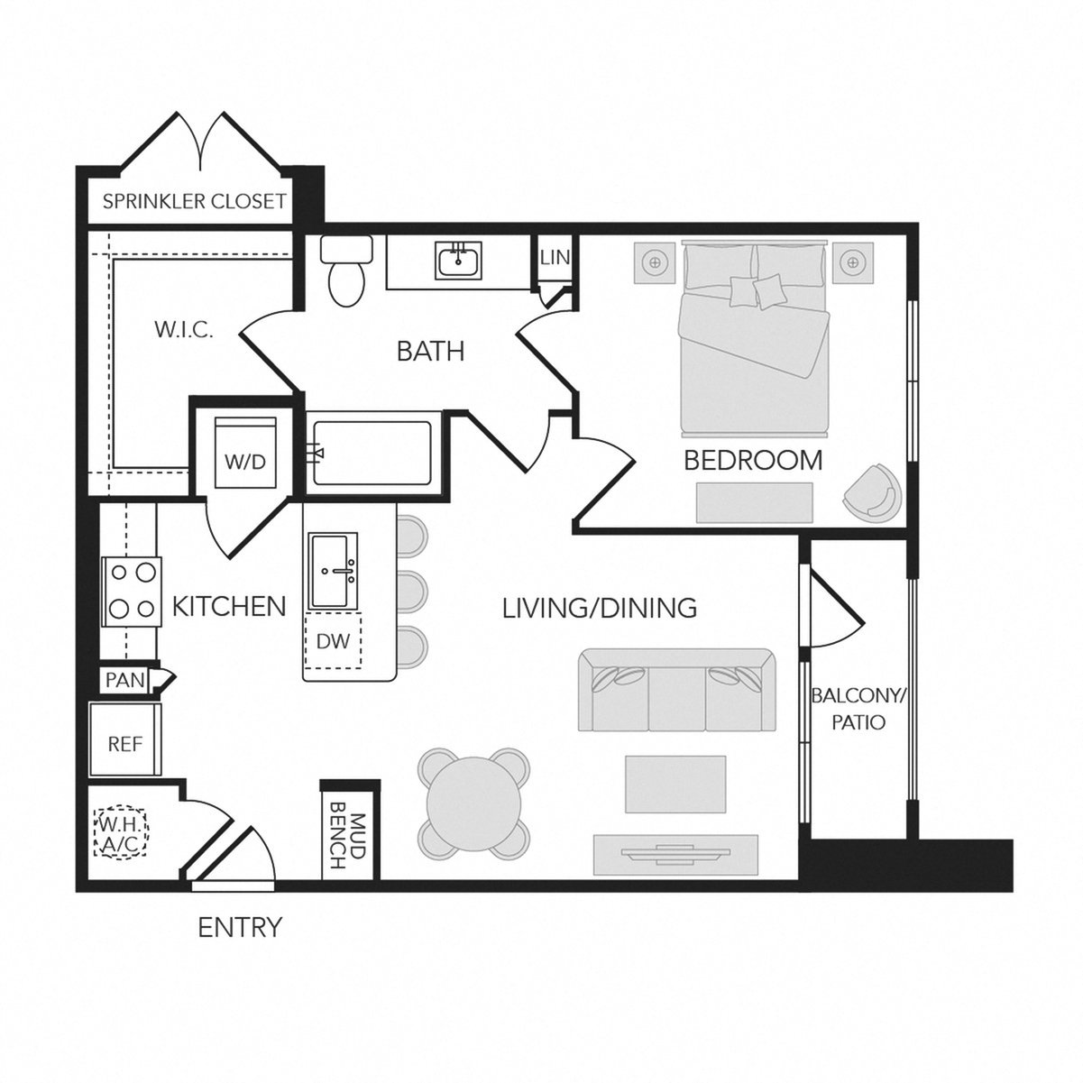 1BR 1BA (706 SF) floorplan layout