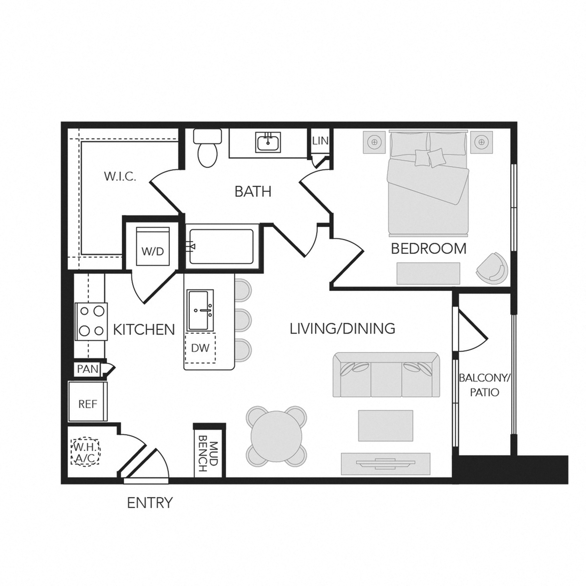 1BR 1BA (712 SF) floorplan layout