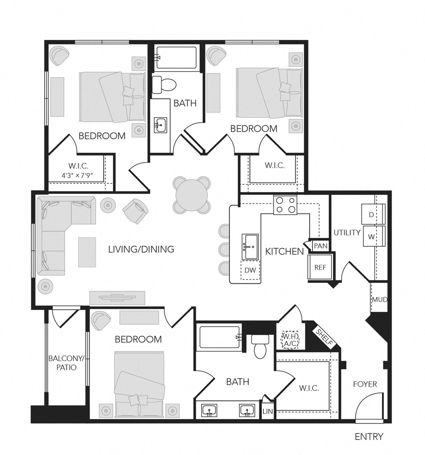 3BR 2BA (C2 - 1408 SF) floorplan layout