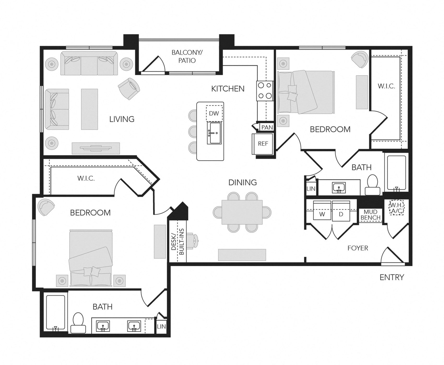 2BR 2BA (1458 SF) floorplan layout