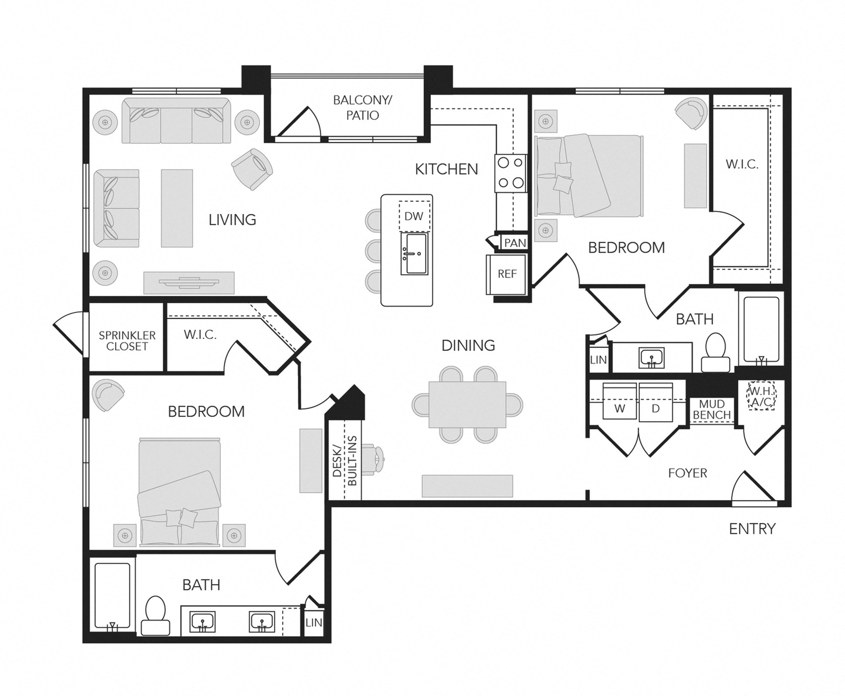 2BR 2BA (1420 SF) floorplan layout