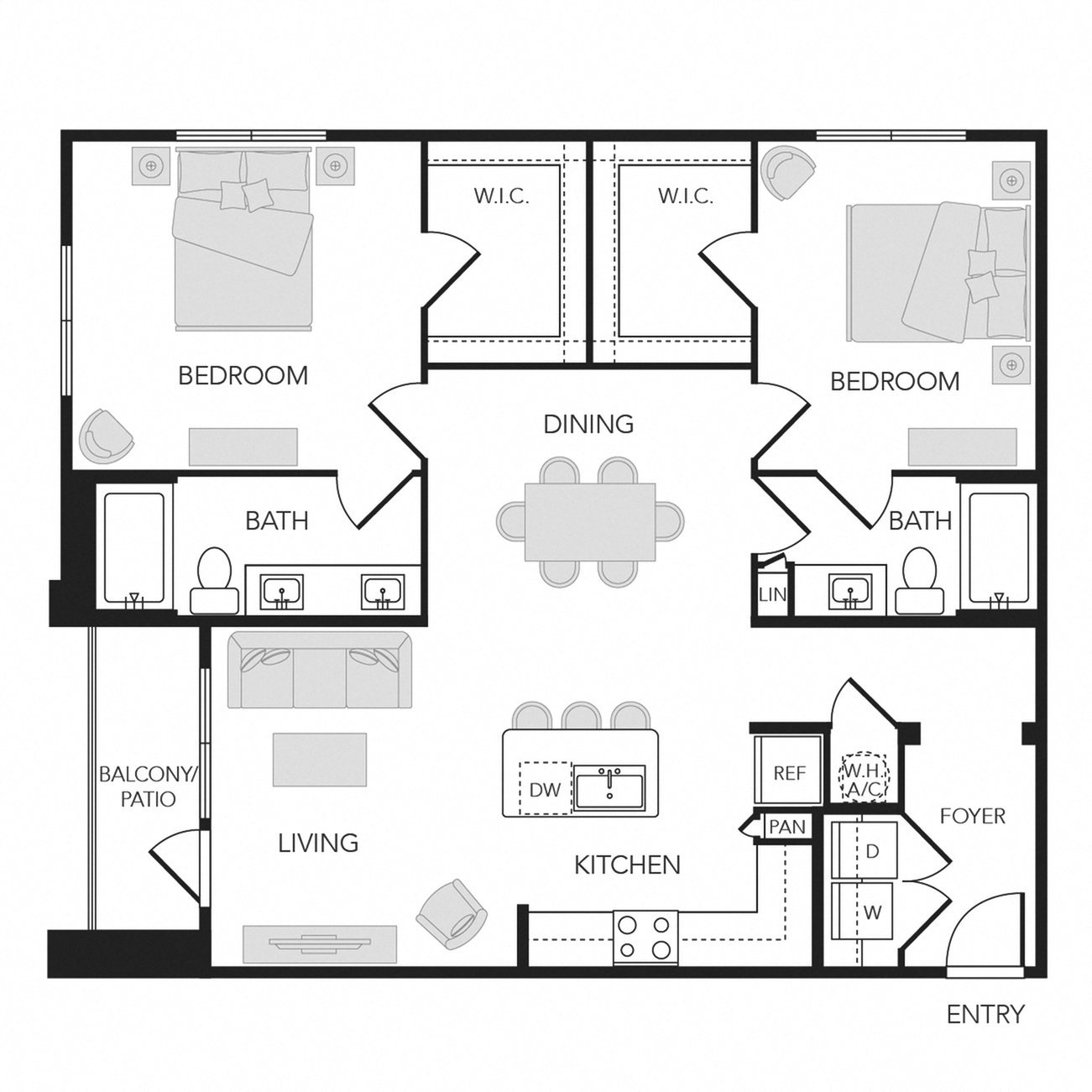 2BR 2BA (1227 SF) floorplan layout