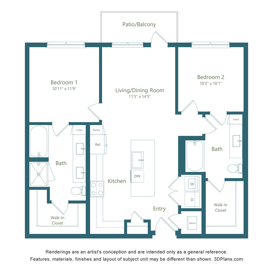 B1 | 2 Bed | 2 Bath floorplan layout