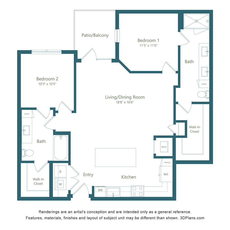 B2 | 2 Bed | 2 Bath floorplan layout