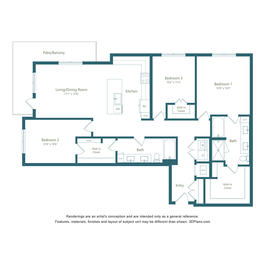 C1 | 3 Bed | 2 Bath floorplan layout
